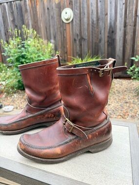 Vintage Gokey Leather Engineer Boots Double Buckle Moc Toe